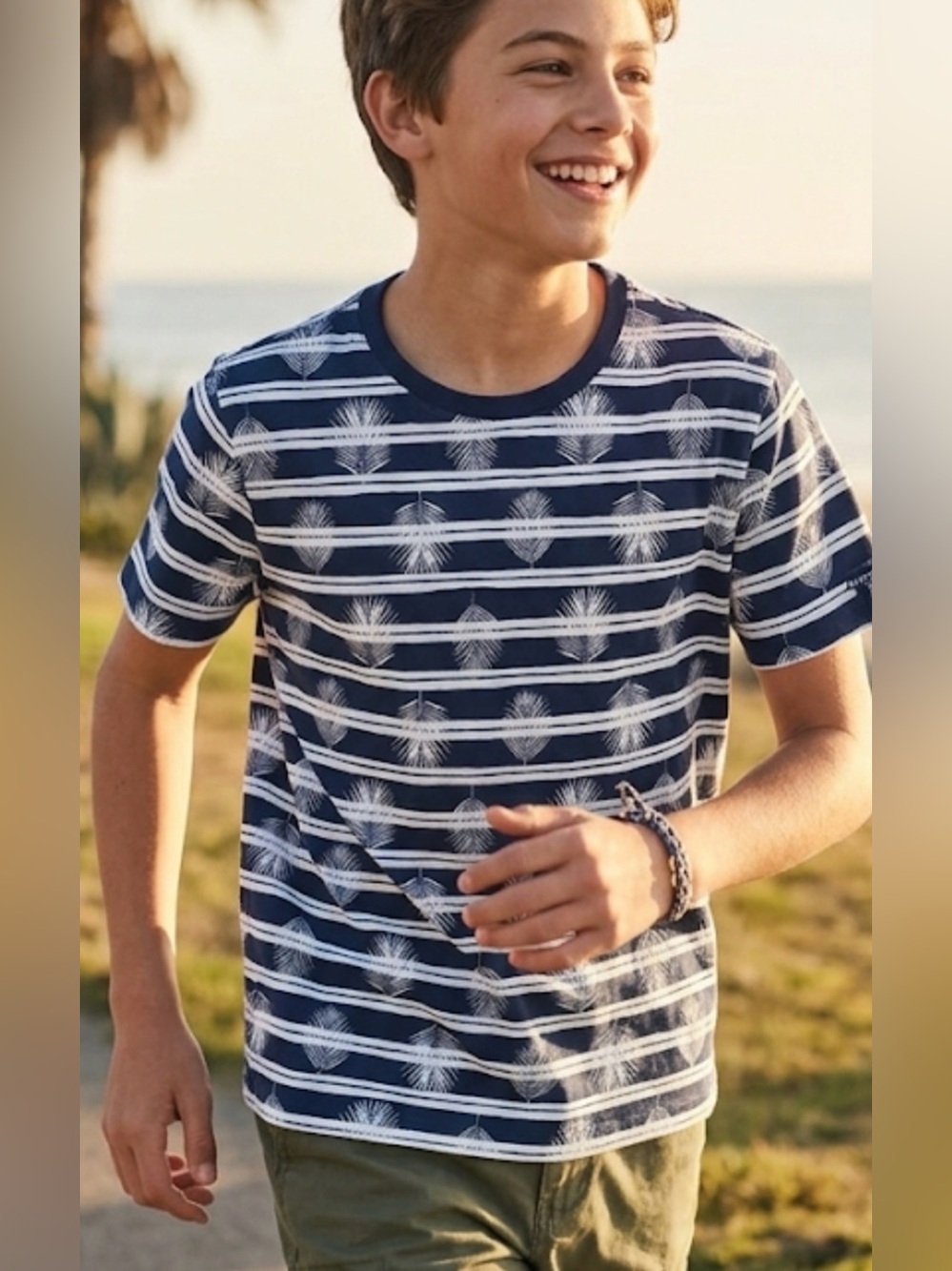 Lands' End Navy and White Striped Palm-Print Short Sleeve Tee